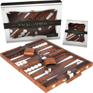 4 Pack Amazing Fun Family Board Games of Backgammon, Card Shuffler & Cards, Chess Set with A Sling Puck Folding Game.